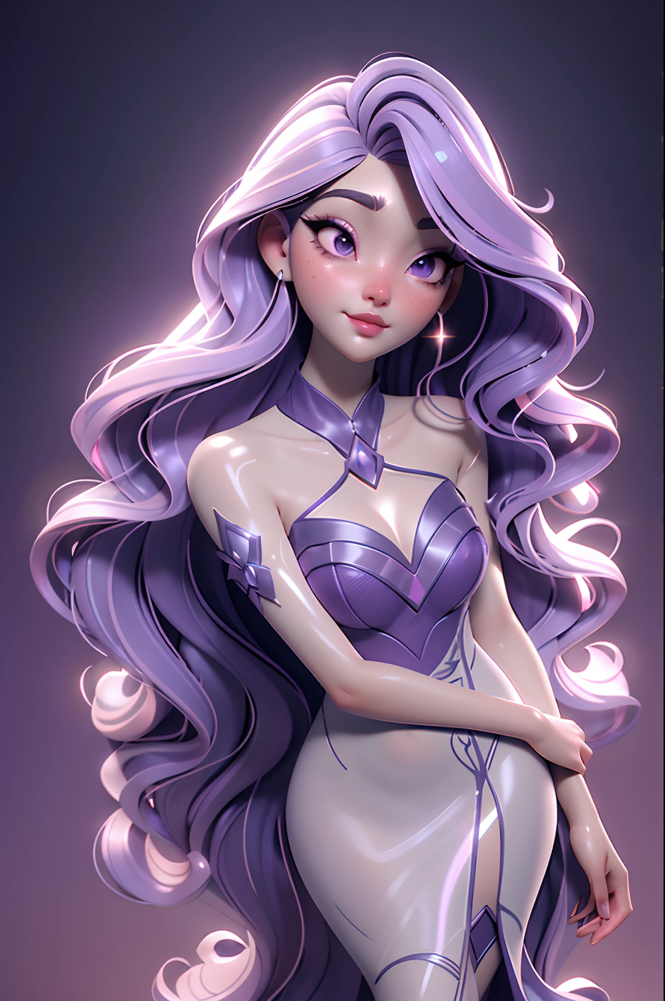 Stained glass style art of full body portrait of the beautiful goddess Aphrodite with long wavy purple diamond hair, wearing a high neck dress 、Photorealsitic、highcontrast、Highly detailed background, Realistic,ultra-detailliert, super detailed skin, dark makeup blush pink lips, eyeliner, eyelashes, black eyes, light detailed eyes, soft smile, light glow, Film grain, Expro II, Lens Flare, Sharpen, cinematic shadow, Highly detailed background, Realistic,ultra-detailliert, super detailed skin, light glow, Film grain, Expro II, Lens Flare, Sharpen, cinematic shadow, anime face