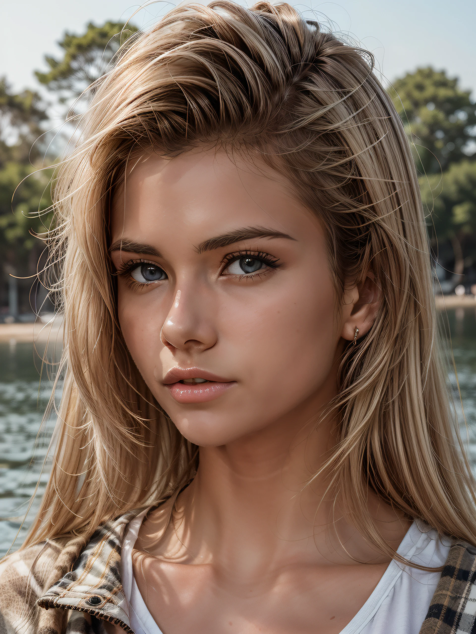 (((Jesika Radoslav))), ((blonde)), (full-body portrait: 1.4), 21-year-old, by the edge of a majestic lake, RAW uhd portrait photo, natural medium breast, (flannel shirt tied in the front), (crack), detailed (texture!, hair!, shine, color!!, flaws: 1.1), highly detailed glowing eyes, (looking at camera), specular light, dslr, extreme quality, sharp focus, sharp, dof, Film grain, (centered), Fujifilm XT3, crystal clear, center of frame, cute face, sharp focus, (bright sunshine), low key, day, (daylight) detailed skin pores, oil Dark skin, brown, complex eye details, zoom out