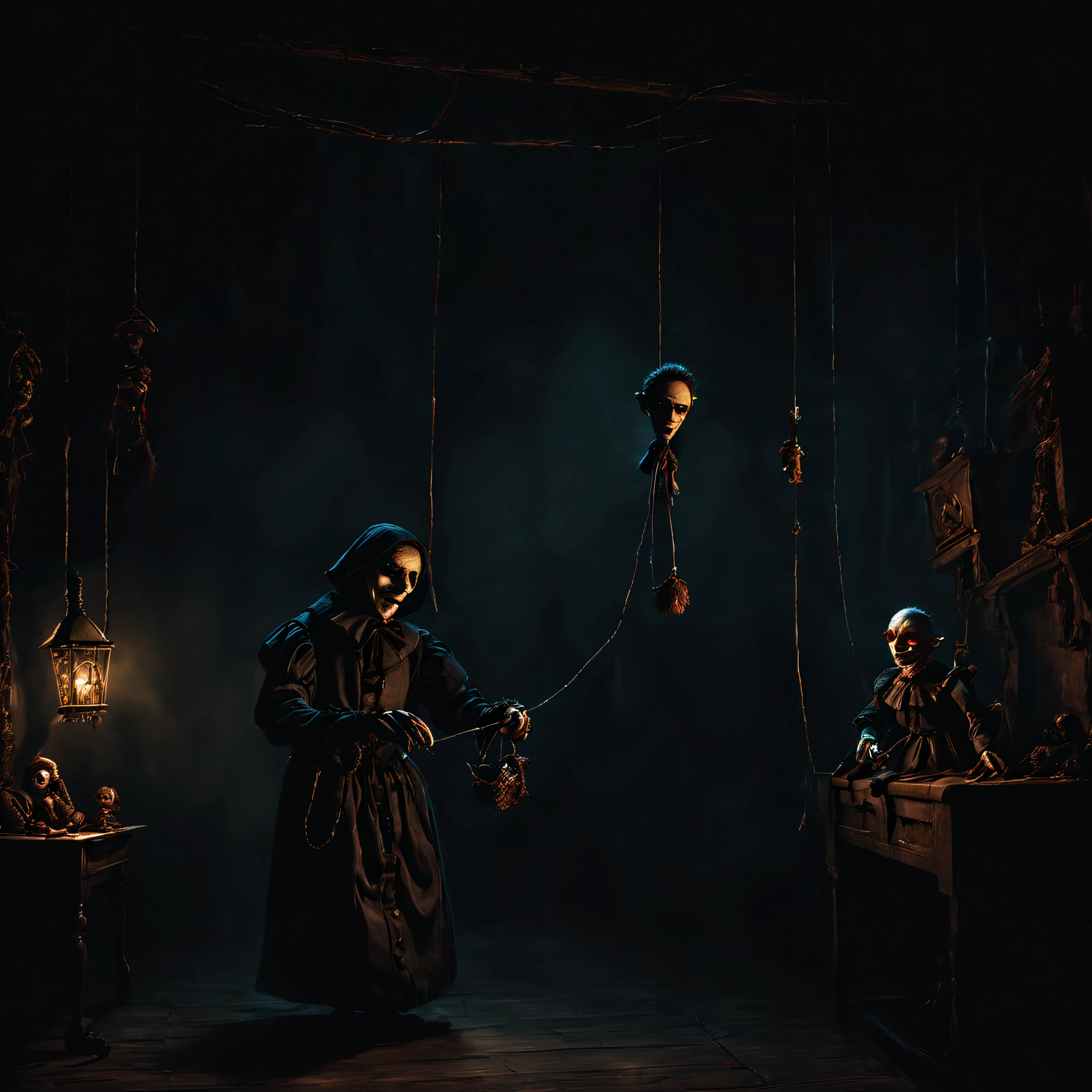 arafed image of a man in a dark room with a puppet, still from a fantasy movie, creepy marionette puppet, an ominous fantasy illustration, creepy and dramatic atmosphere, shadowy and eerie character, by Aleksander Gierymski, still from a live action movie, creepy masked marionette puppet, medieval alchemist in the dark, spooky and scary atmosphere