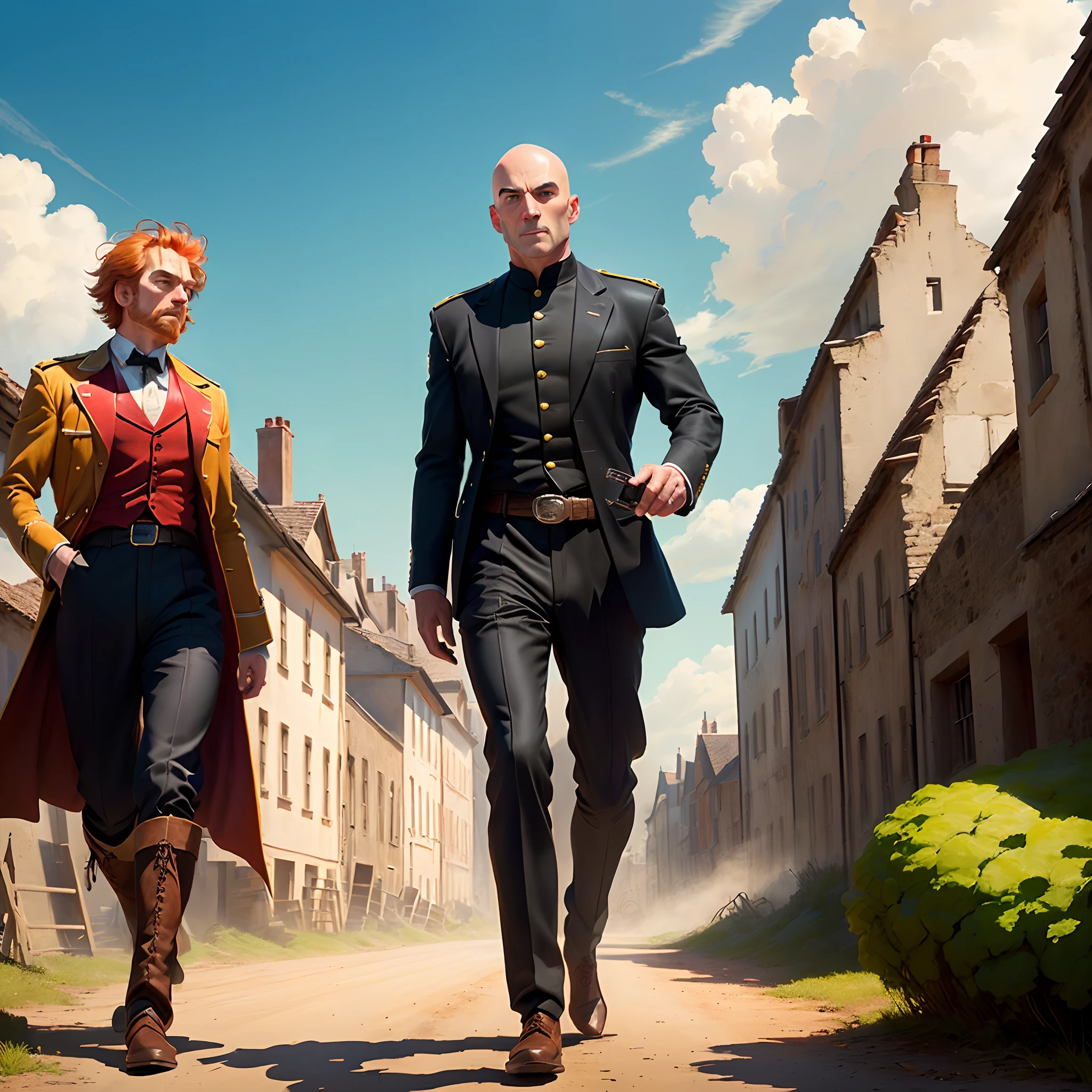 Bald man in black chasing ginger in the style of Pixar with the movie title : "Le chasseur de rousses"