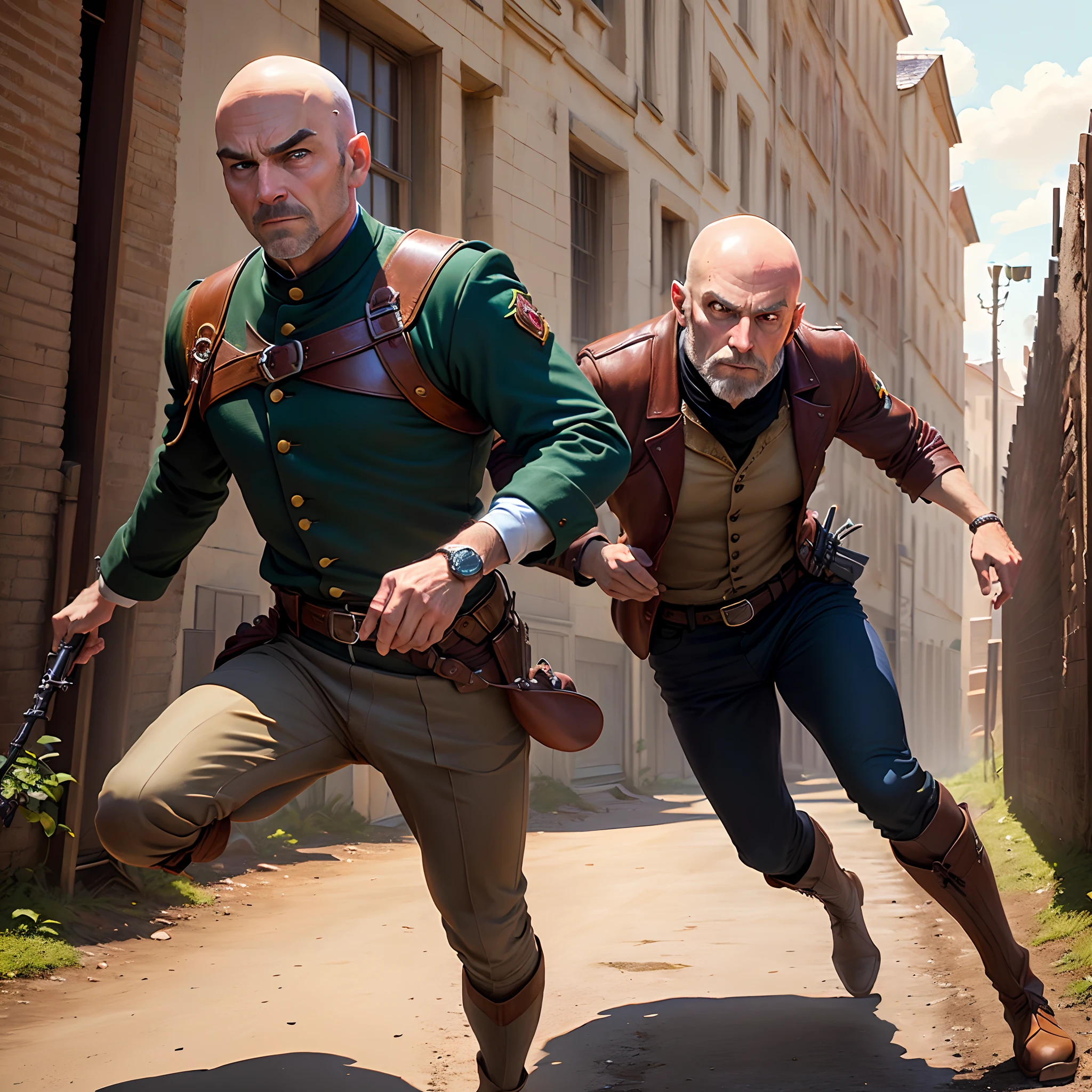 Bald man in black chasing ginger in the style of Pixar with the movie title : "Le chasseur de rousses"