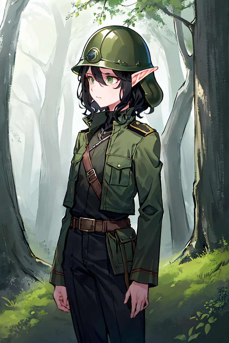 beste-Qualit, (tmasterpiece), tultra-detail, 1 Elven Girl, (Green Military Helmet), Green Military Jacket, Green Helmet, Dark Forest, short curly hair, (black hair), Short military-style trousers, Dynamic posture, little chest, the perfect body