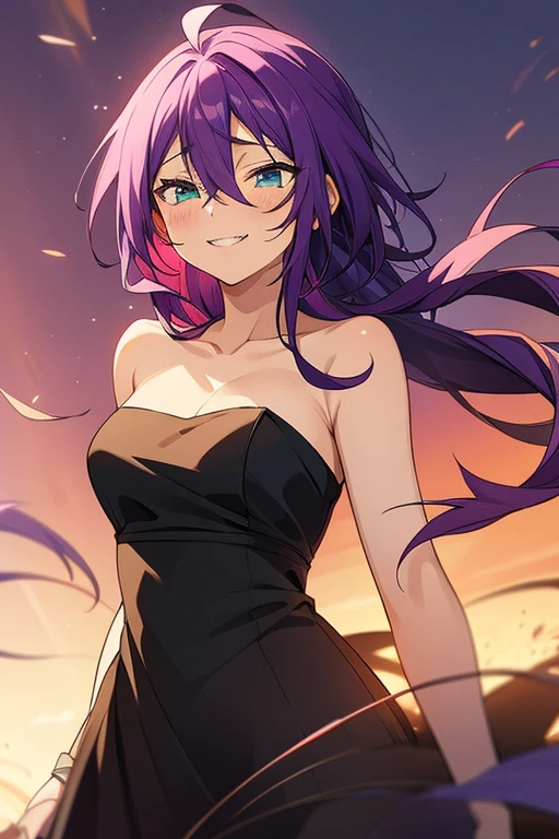 long hair, mole under mouth, purple hair, hair between eyes, aqua eyes, sharp teeth, ahoge, 1girl, blush, smile, cowboy shot, black dress, night scenery, beautiful, bare shoulders