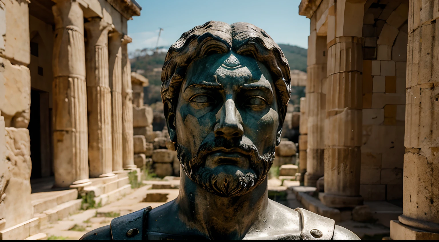 Ancient Stoic Statue With Very Angry Expression, tem barba, muitos detalhes em ambos os olhos, Outside, fundo atenas grego, open sky, com rosto extremamente detalhado full body view, Colors with low saturation with dark tone, Filmado em Sony A7S III com Sony FE 35mm f/1.8, 12.1 MP, --AR 3:2 --estilo cru