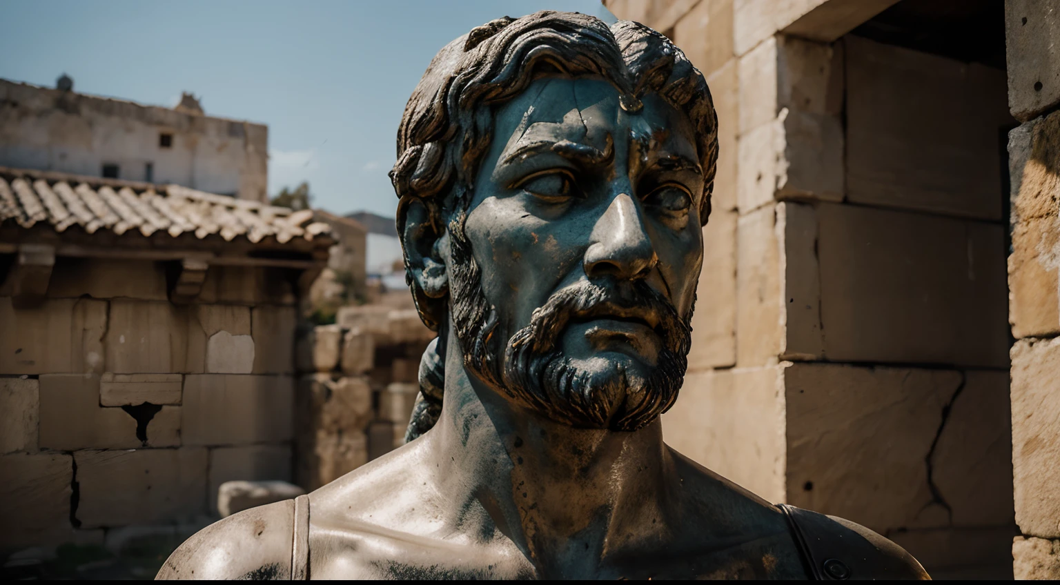 Ancient Stoic Statue With Very Angry Expression, tem barba, muitos detalhes em ambos os olhos, Outside, fundo atenas grego, open sky, com rosto extremamente detalhado full body view, Colors with low saturation with dark tone, Filmado em Sony A7S III com Sony FE 35mm f/1.8, 12.1 MP, --AR 3:2 --estilo cru