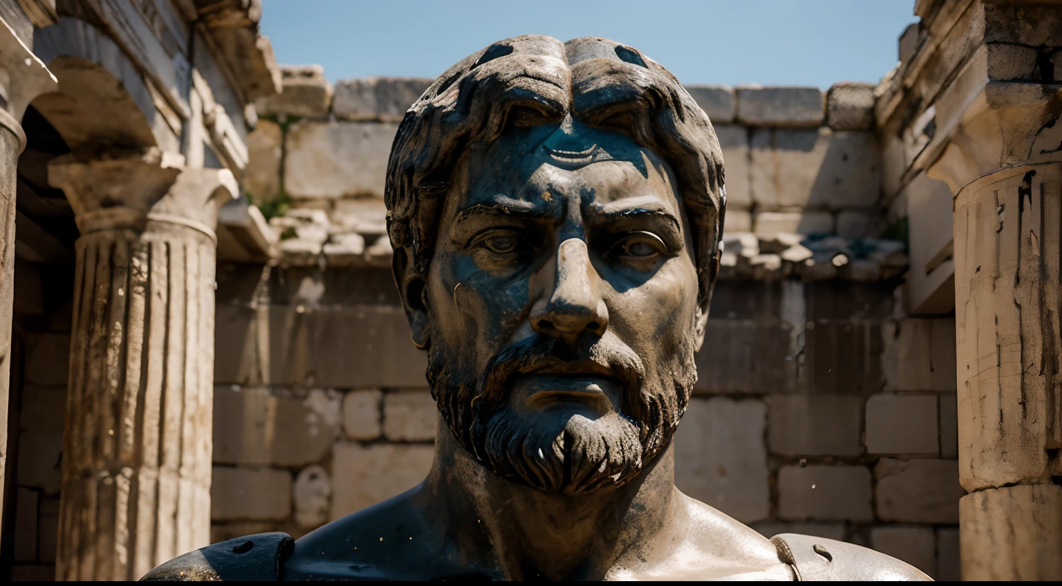 Ancient Stoic Statue With Very Angry Expression, tem barba, muitos detalhes em ambos os olhos, Outside, fundo atenas grego, open sky, com rosto extremamente detalhado full body view, Colors with low saturation with dark tone, Filmado em Sony A7S III com Sony FE 35mm f/1.8, 12.1 MP, --AR 3:2 --estilo cru