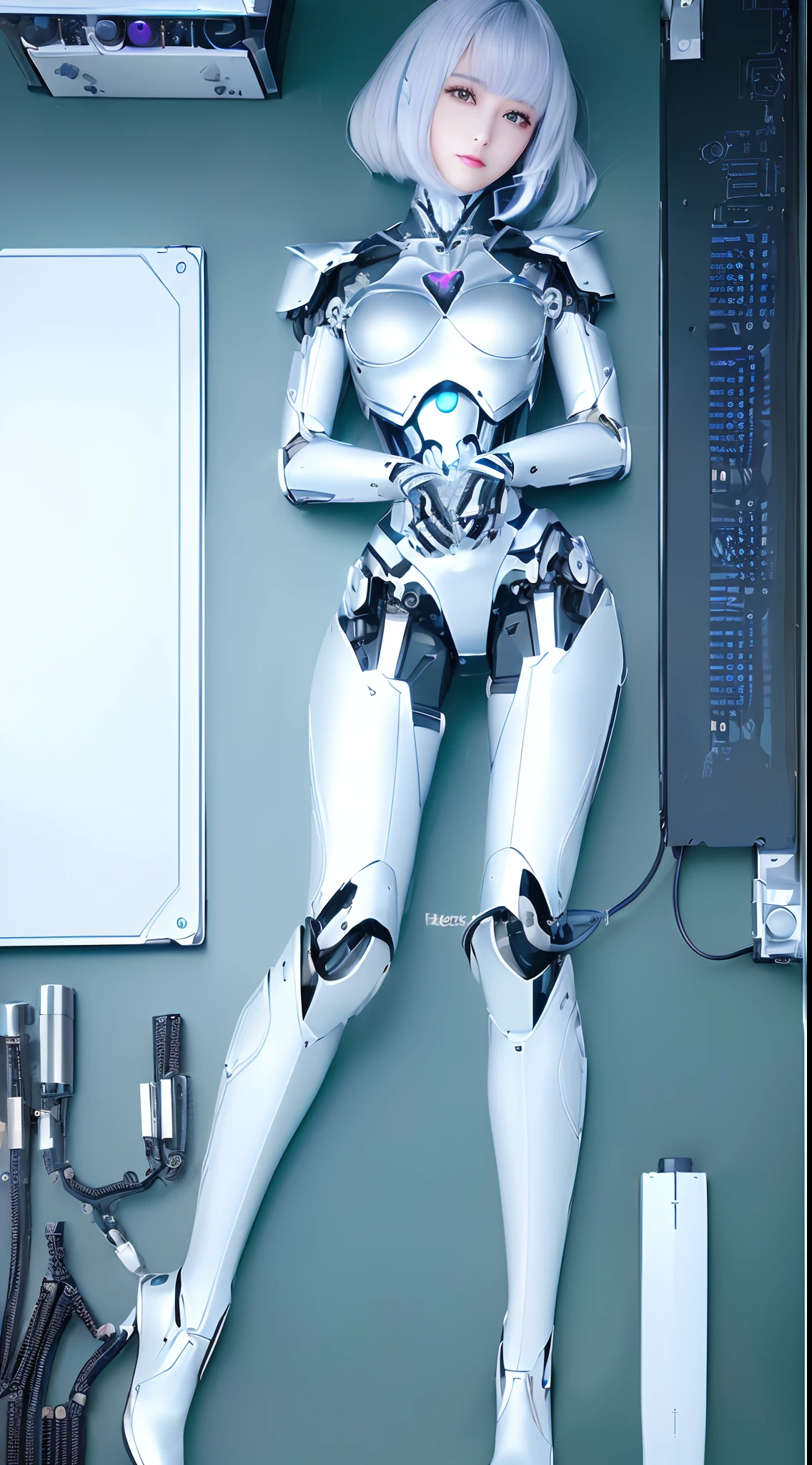 (((masutepiece))), ((top-quality), high quarity、ultra-definition, ((Realistic、photoRealstic)), ((well proportioned face))、fulcolor 、(scientific fiction)、((独奏))、Beautiful Female Robot、(Faulty combat robot)、(overhaul)、(Robot joints:1.3)、(Detailed electronic board:1.3)、(Machine frame:1.3)、White porcelain mechanical armor、((Oval curvaceous face))、(machine components:1.3)、(Almond-shaped eyes without emotion)、thin mouth、deadpan、(Perfect mechanical two-handed:1.3)、(Cyber Factory in the Daytime)、Perfect robot legs、high-heels、(Multiple Power Cords)、Robot lying on the floor、Looking away 、(((From above)))、(Death of the robot)