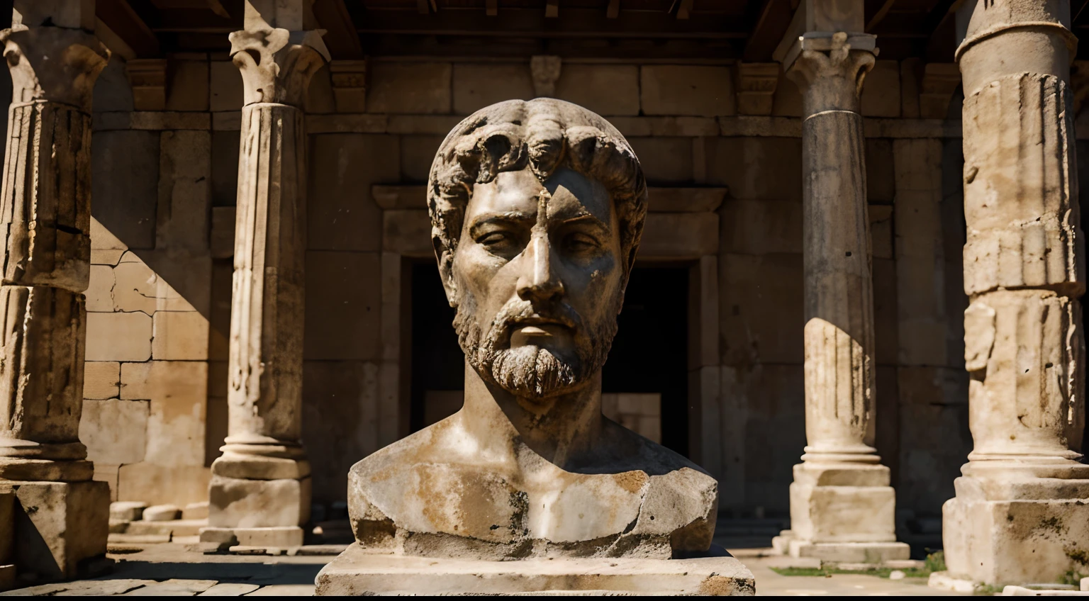 Ancient Stoic Statue With Very Angry Expression, tem barba, muitos detalhes em ambos os olhos, Outside, fundo atenas grego, open sky, com rosto extremamente detalhado full body view, Colors with low saturation with dark tone, Filmado em Sony A7S III com Sony FE 35mm f/1.8, 12.1 MP, --AR 3:2 --estilo cru