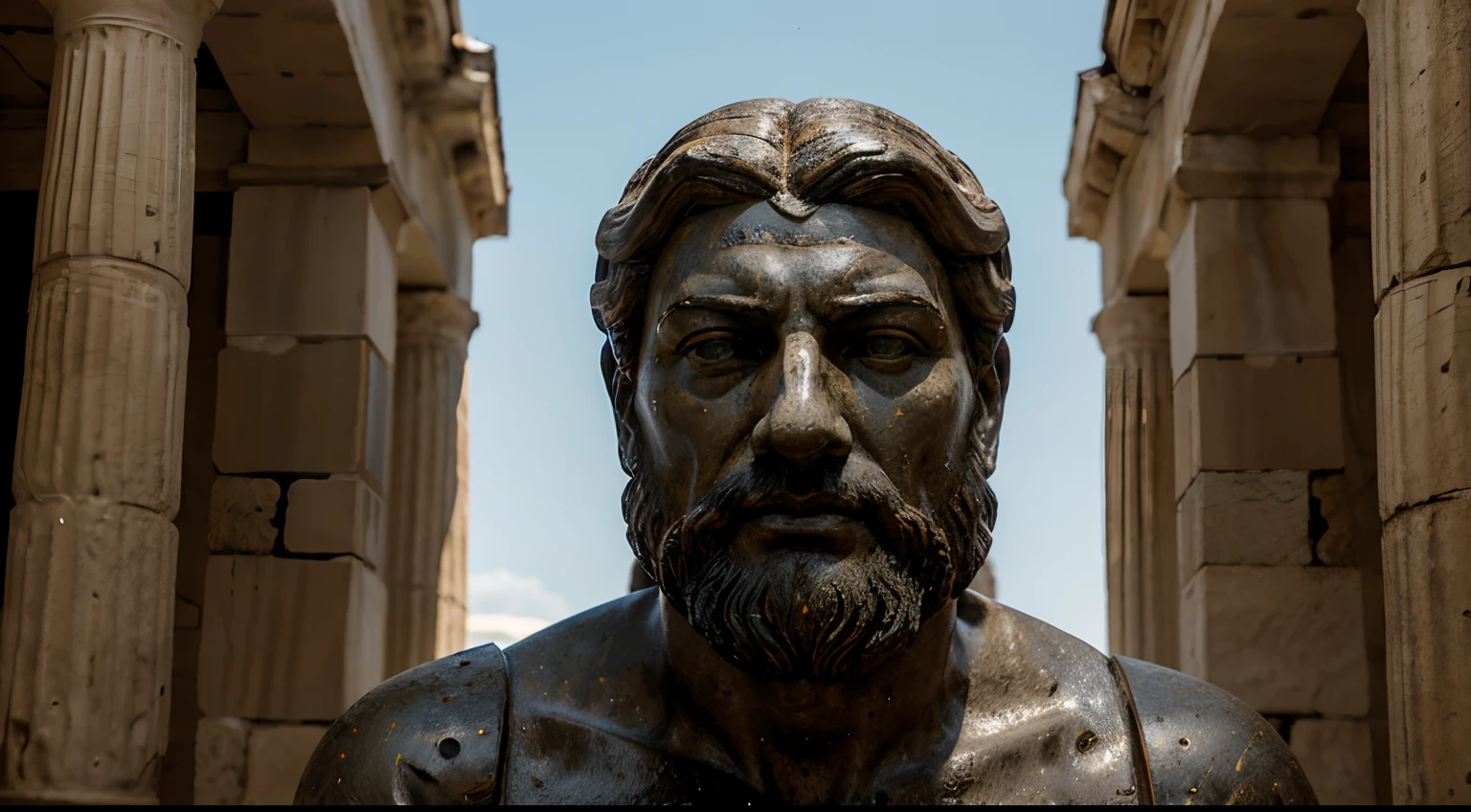 Ancient Stoic Statue With Very Angry Expression, tem barba, muitos detalhes em ambos os olhos, Outside, fundo atenas grego, open sky, com rosto extremamente detalhado full body view, Colors with low saturation with dark tone, Filmado em Sony A7S III com Sony FE 35mm f/1.8, 12.1 MP, --AR 3:2 --estilo cru