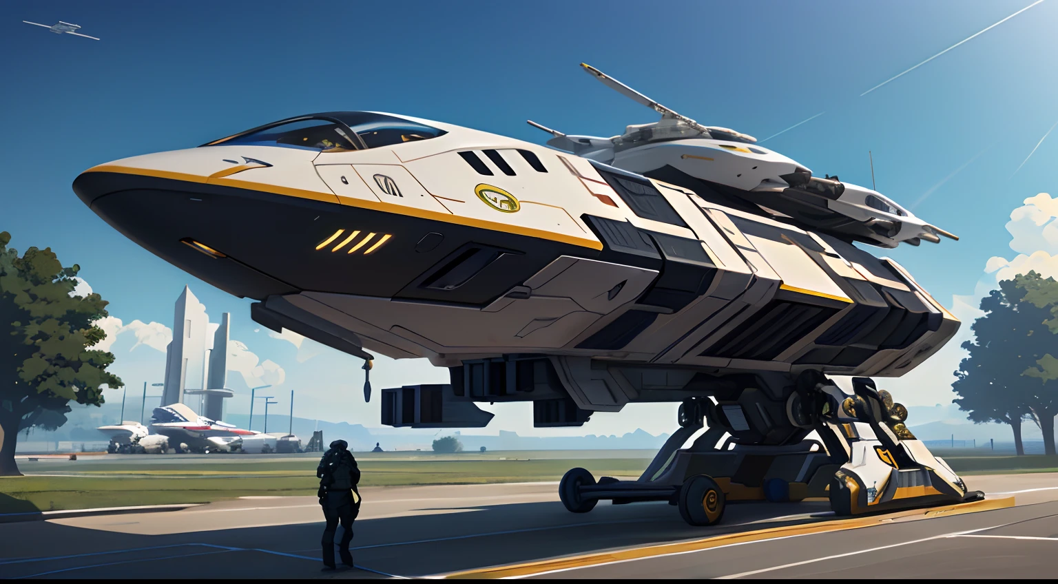 There is a small plane, who sits on the ramp, spaceship in background, Star Citizen Halo, spaceship in background, NVIDIA Ray Tracing Demo)), Landed spaceship in the background, Retro spaceships, parked outside, Nier Automata Spaceship Style, Starship in the background, Hyper-realistic VFX rendering, NVIDIA Ray Tracing Demo), The spacecraft is being repaired, detailed cinematic render, Parked Spaceships