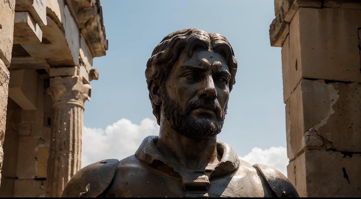 Ancient Stoic Statue With Very Angry Expression, tem barba, muitos detalhes em ambos os olhos, Outside, fundo atenas grego, open sky, com rosto extremamente detalhado full body view, Colors with low saturation with dark tone, Filmado em Sony A7S III com Sony FE 35mm f/1.8, 12.1 MP, --AR 3:2 --estilo cru
