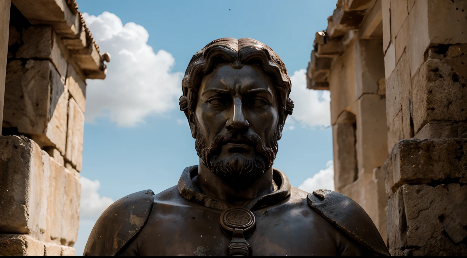 Ancient Stoic Statue With Very Angry Expression, tem barba, muitos detalhes em ambos os olhos, Outside, fundo atenas grego, open sky, com rosto extremamente detalhado full body view, Colors with low saturation with dark tone, Filmado em Sony A7S III com Sony FE 35mm f/1.8, 12.1 MP, --AR 3:2 --estilo cru