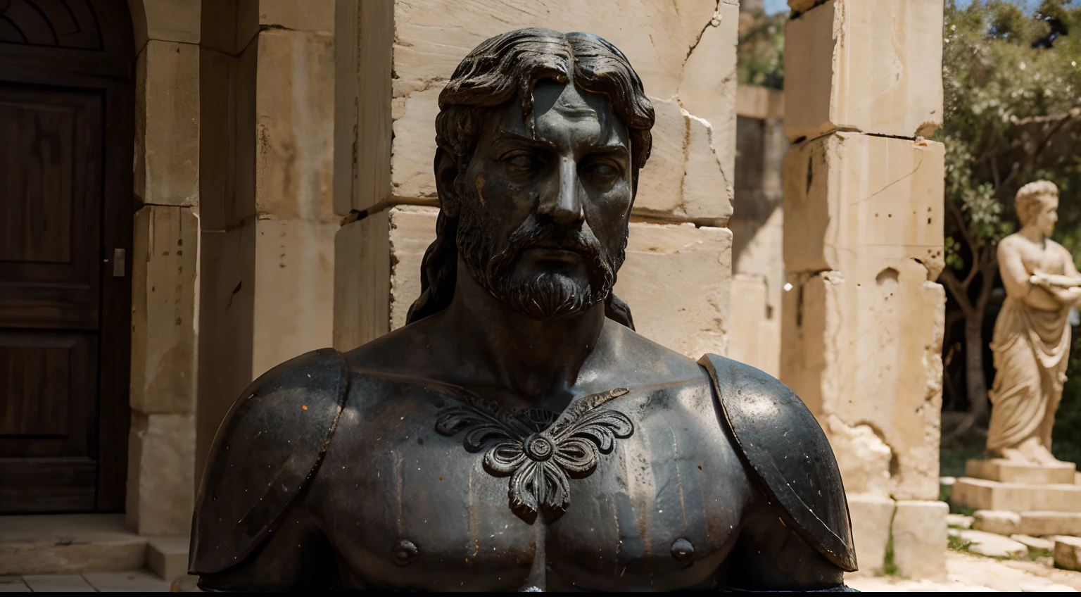 Ancient Stoic Statue With Very Angry Expression, tem barba, muitos detalhes em ambos os olhos, Outside, fundo atenas grego, open sky, com rosto extremamente detalhado full body view, Colors with low saturation with dark tone, Filmado em Sony A7S III com Sony FE 35mm f/1.8, 12.1 MP, --AR 3:2 --estilo cru