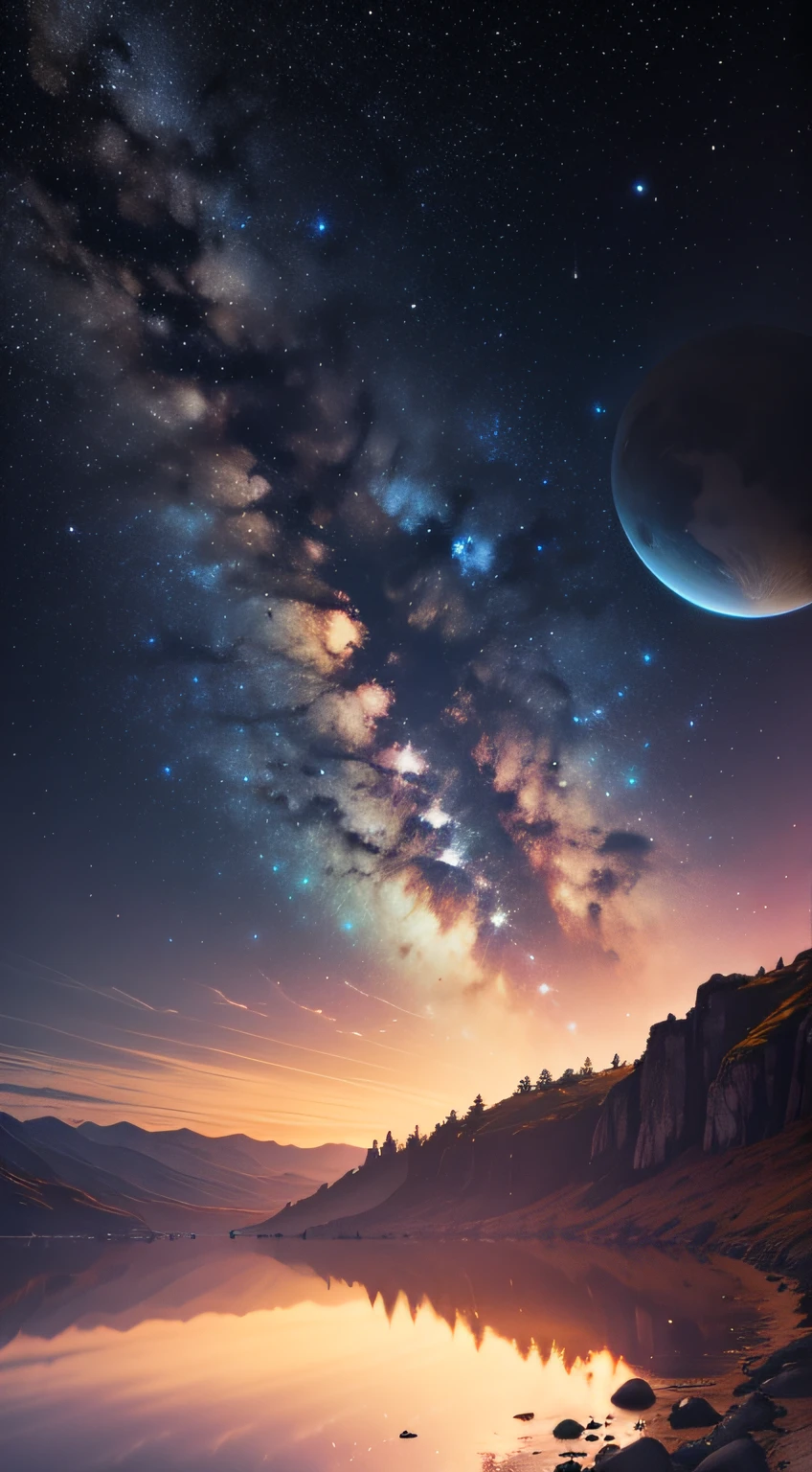 Earth's northern sky, Starry sky with view of the Milky Way, com planeta Saturno ao fundo no lugar da Lua