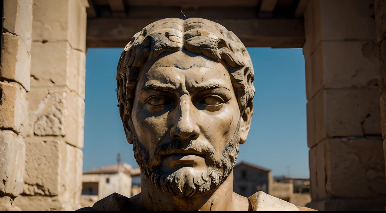 Ancient Stoic Statue With Very Angry Expression, tem barba, muitos detalhes em ambos os olhos, Outside, fundo atenas grego, open sky, com rosto extremamente detalhado full body view, Colors with low saturation with dark tone, Filmado em Sony A7S III com Sony FE 35mm f/1.8, 12.1 MP, --AR 3:2 --estilo cru