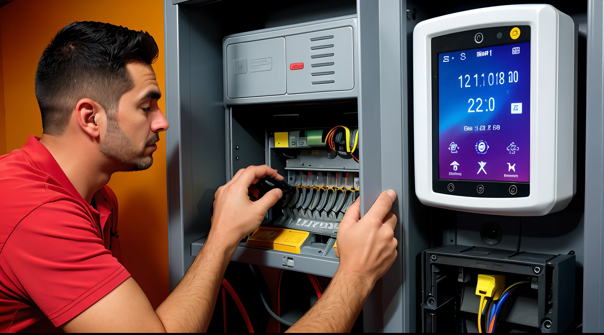 Technician use infrared thermal imaging camera to check temperature at fuse-box. Modern equipment, (detalhes complexos: 1.12), hdr, (detalhes complexos, hiperdetalhado: 1.15)