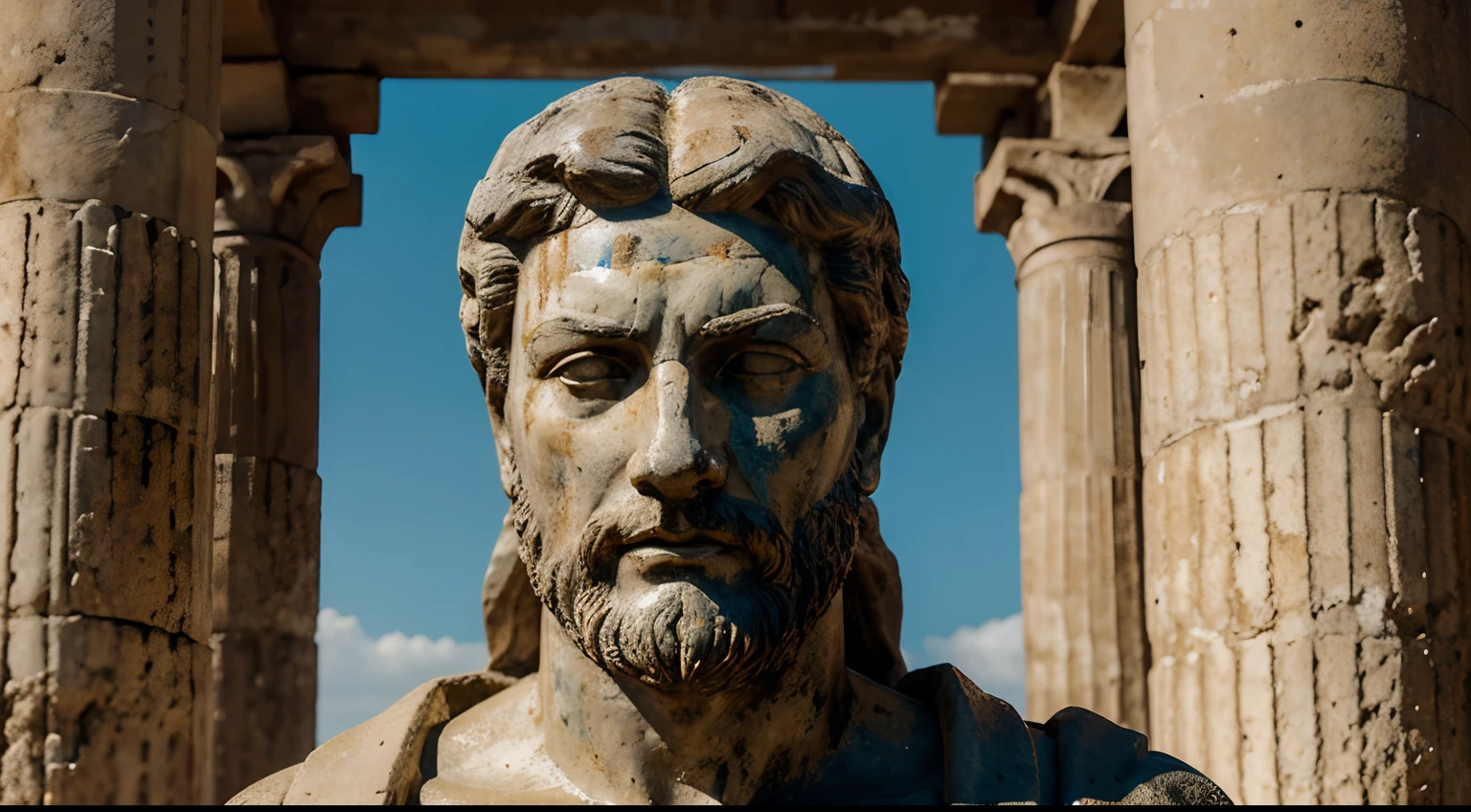 Ancient Stoic Statue With Very Angry Expression, tem barba, muitos detalhes em ambos os olhos, Outside, fundo atenas grego, open sky, com rosto extremamente detalhado full body view, Colors with low saturation with dark tone, Filmado em Sony A7S III com Sony FE 35mm f/1.8, 12.1 MP, --AR 3:2 --estilo cru