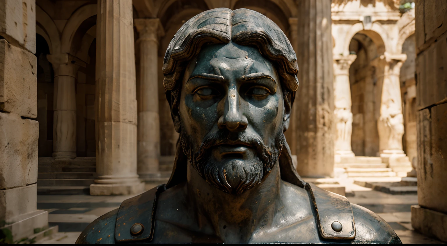 Ancient Stoic Statue With Very Angry Expression, tem barba, muitos detalhes em ambos os olhos, Outside, fundo atenas grego, open sky, com rosto extremamente detalhado full body view, Colors with low saturation with dark tone, Filmado em Sony A7S III com Sony FE 35mm f/1.8, 12.1 MP, --AR 3:2 --estilo cru