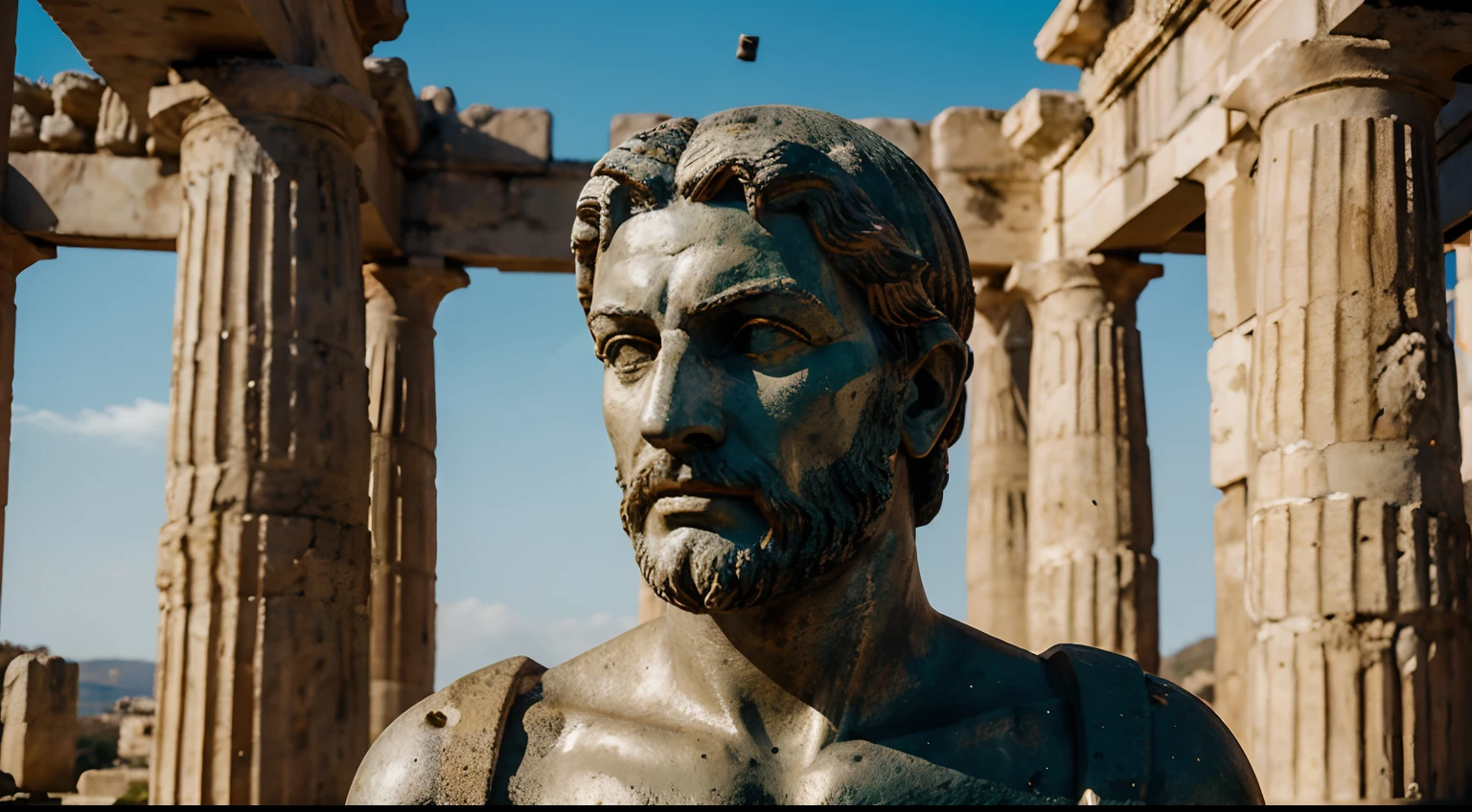 Ancient Stoic Statue With Very Angry Expression, tem barba, muitos detalhes em ambos os olhos, Outside, fundo atenas grego, open sky, com rosto extremamente detalhado full body view, Colors with low saturation with dark tone, Filmado em Sony A7S III com Sony FE 35mm f/1.8, 12.1 MP, --AR 3:2 --estilo cru