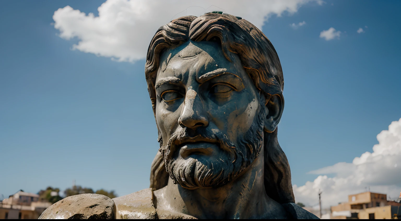 Ancient Stoic Statue With Very Angry Expression, tem barba, muitos detalhes em ambos os olhos, Outside, fundo atenas grego, open sky, com rosto extremamente detalhado full body view, Colors with low saturation with dark tone, Filmado em Sony A7S III com Sony FE 35mm f/1.8, 12.1 MP, --AR 3:2 --estilo cru