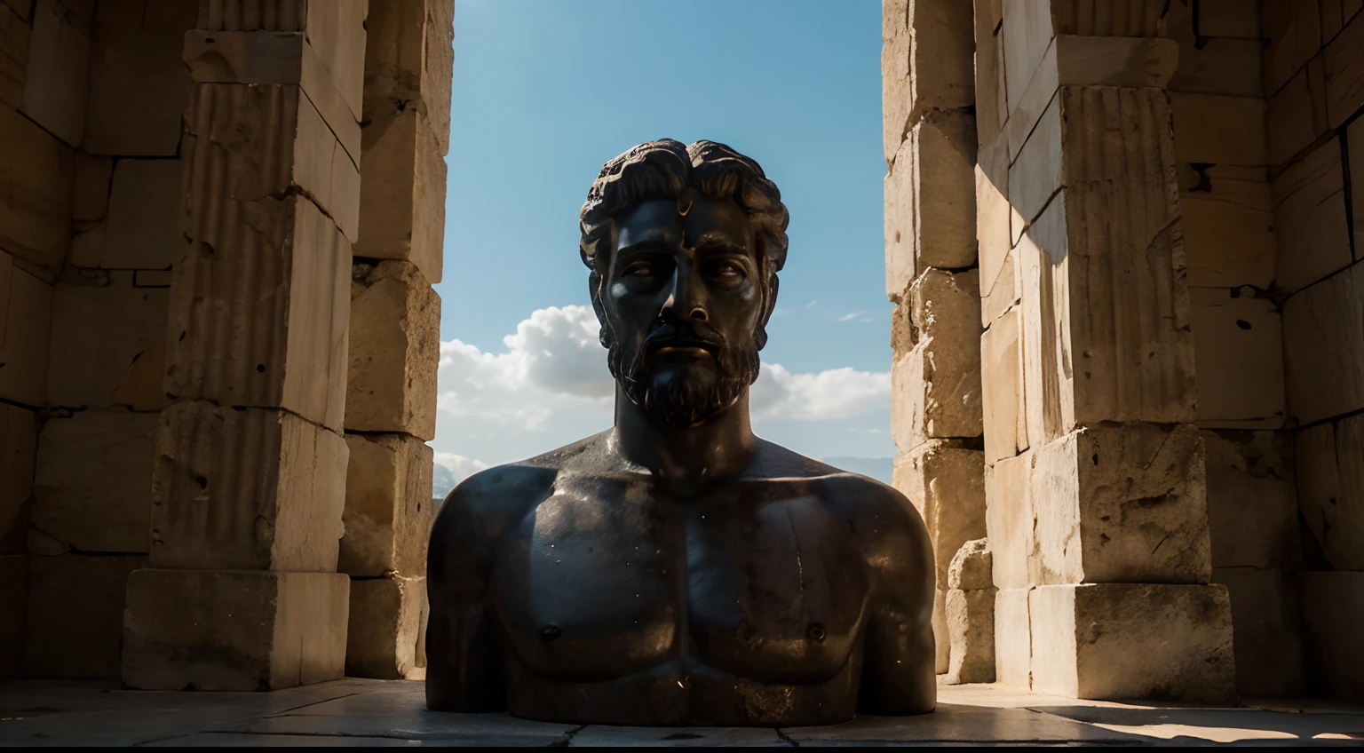 Ancient Stoic Statue With Very Angry Expression, tem barba, muitos detalhes em ambos os olhos, Outside, fundo atenas grego, open sky, com rosto extremamente detalhado full body view, Colors with low saturation with dark tone, Filmado em Sony A7S III com Sony FE 35mm f/1.8, 12.1 MP, --AR 3:2 --estilo cru