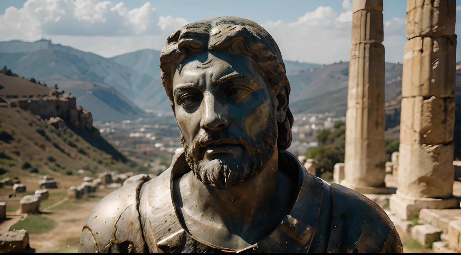 Ancient Stoic Statue With Very Angry Expression, tem barba, muitos detalhes em ambos os olhos, Outside, fundo atenas grego, open sky, com rosto extremamente detalhado full body view, Colors with low saturation with dark tone, Filmado em Sony A7S III com Sony FE 35mm f/1.8, 12.1 MP, --AR 3:2 --estilo cru