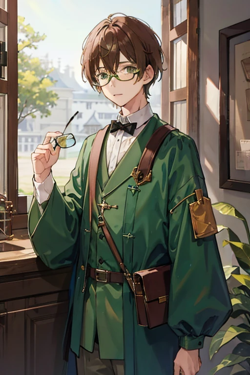 1boy, green clothing、alchemist、eye glasses、Brown hair、Semi-long