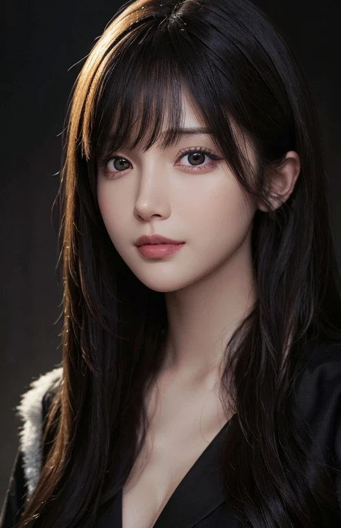 (Ultra Realistic), (Illustration), (Increased Resolution), (8K), (Extremely Detailed), (Best Illustration), (Beautiful and Detailed Eyes), (Best Quality), (Ultra Detailed), (Masterpiece ), ( wallpaper), (detailed face), solo, 1 girl, looking at viewer, fine details, detailed face, in the dark, deep shadows, low key, pureerosfaceace_v1, smiling, long hair, black shawl straight hair , 46 points oblique bangs