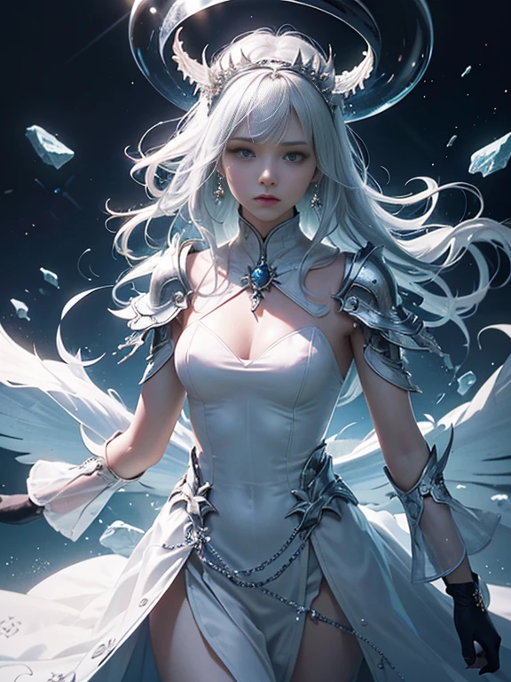 (Urban and rural king card:1.5, rotationalsymmetry),Stephen Gammel,(Cowboy shot),Minimalist composition,swell sea,female mage,Delicate crystal headdress, Delicate crystal armor,Electroluminescence,dreamy glow,Conceptual digital art,Azure and gray,(Very detailed, reasonable design, 清晰的线条, High- sharpness,best qualityer, Master parts, 4K )