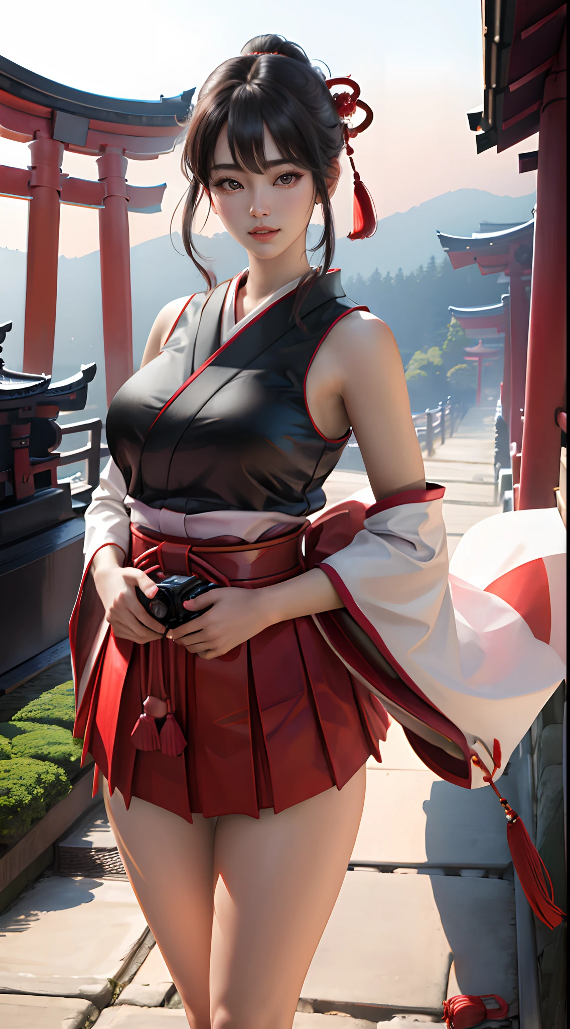 (masterpece:1.3),  (photorealistic:1.3),  (best quality:1.3),  8k,  uhd,  high resolution,  1girl,  ((large breats)),  best lighting,  best shadow,  hakama, torii, temple, japanese, red skirt, sleeveless,