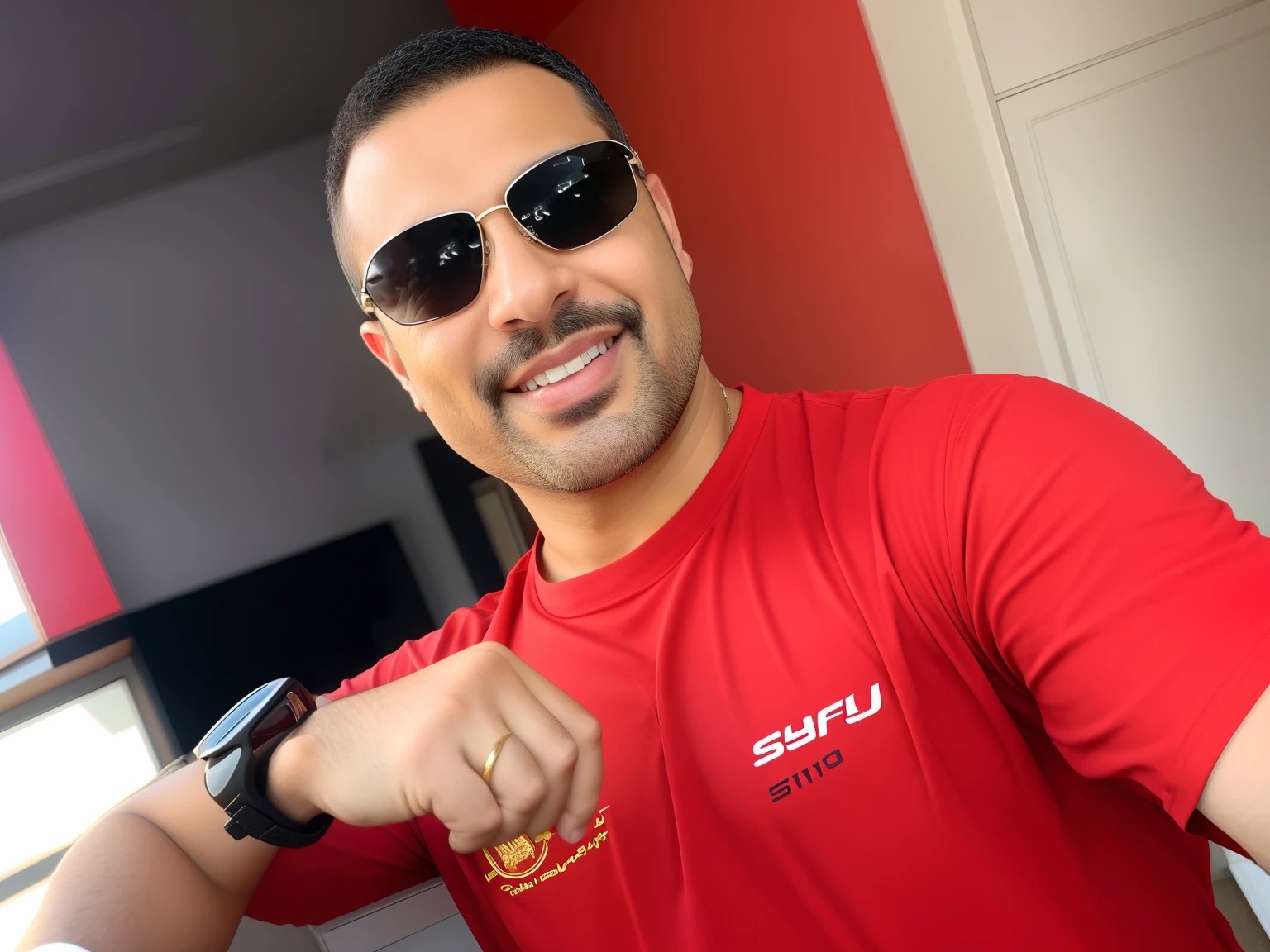 There's a man in sunglasses and a red shirt, Amr Elshamy, Mohamed Chahin, 38 anos, in the style of sifu 🔥 😎 🕹️ 👀 :2, Emad Mostaque, wearing oakley sunglasses, 3 6 anos, Homem de 4 0 anos, 35 anos, 3 5 anos