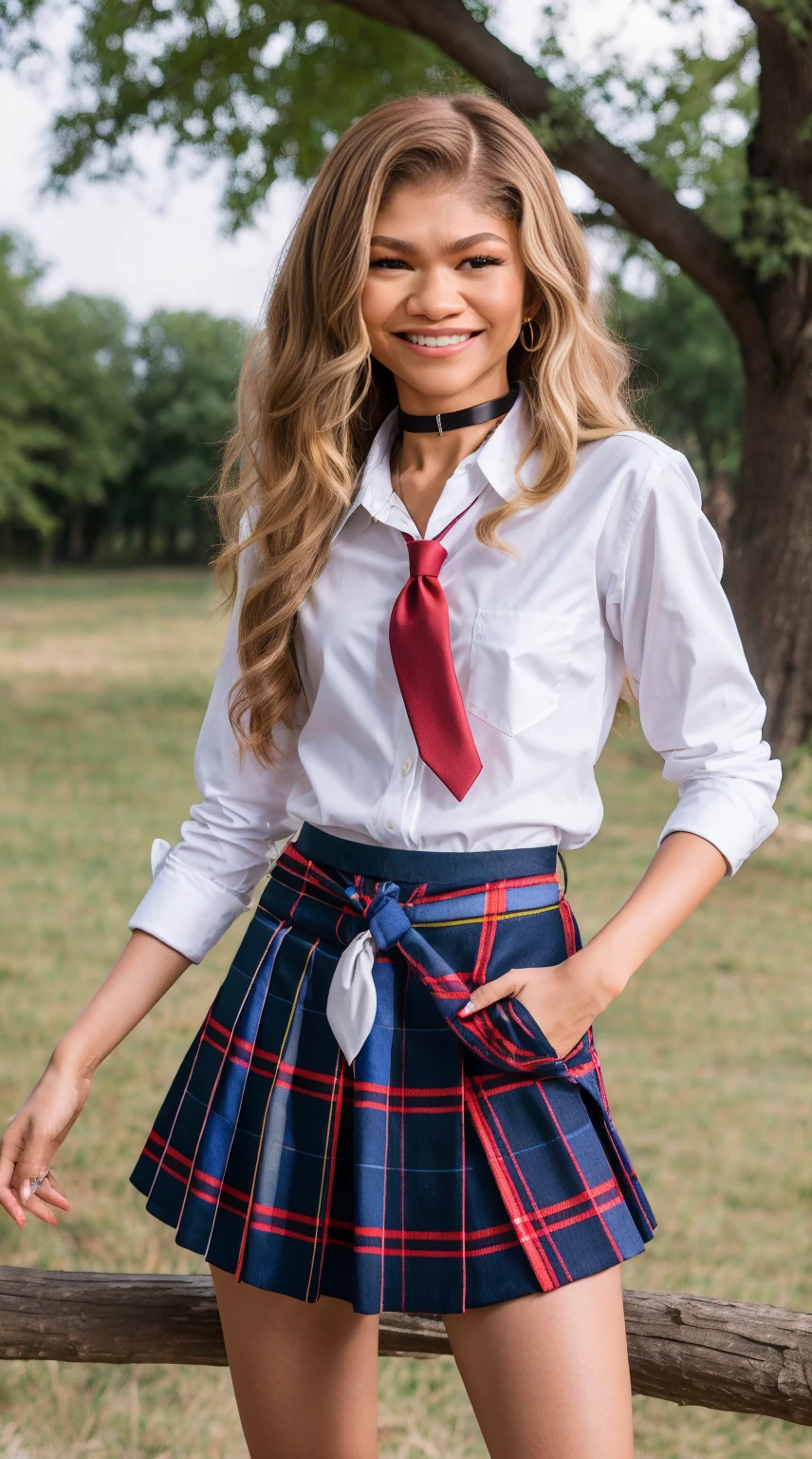 zendaya, cosplay, masterpiece, best quality, highres, kitagawa marin, 1girl, blonde hair, realistic hair, long hair, multicolored hair, red eyes, jewelry, earrings, piercing, school uniform, white shirt, tied shirt, black choker, blue necktie, plaid skirt, grin, smile, standing, cowboy shot, outdoors,