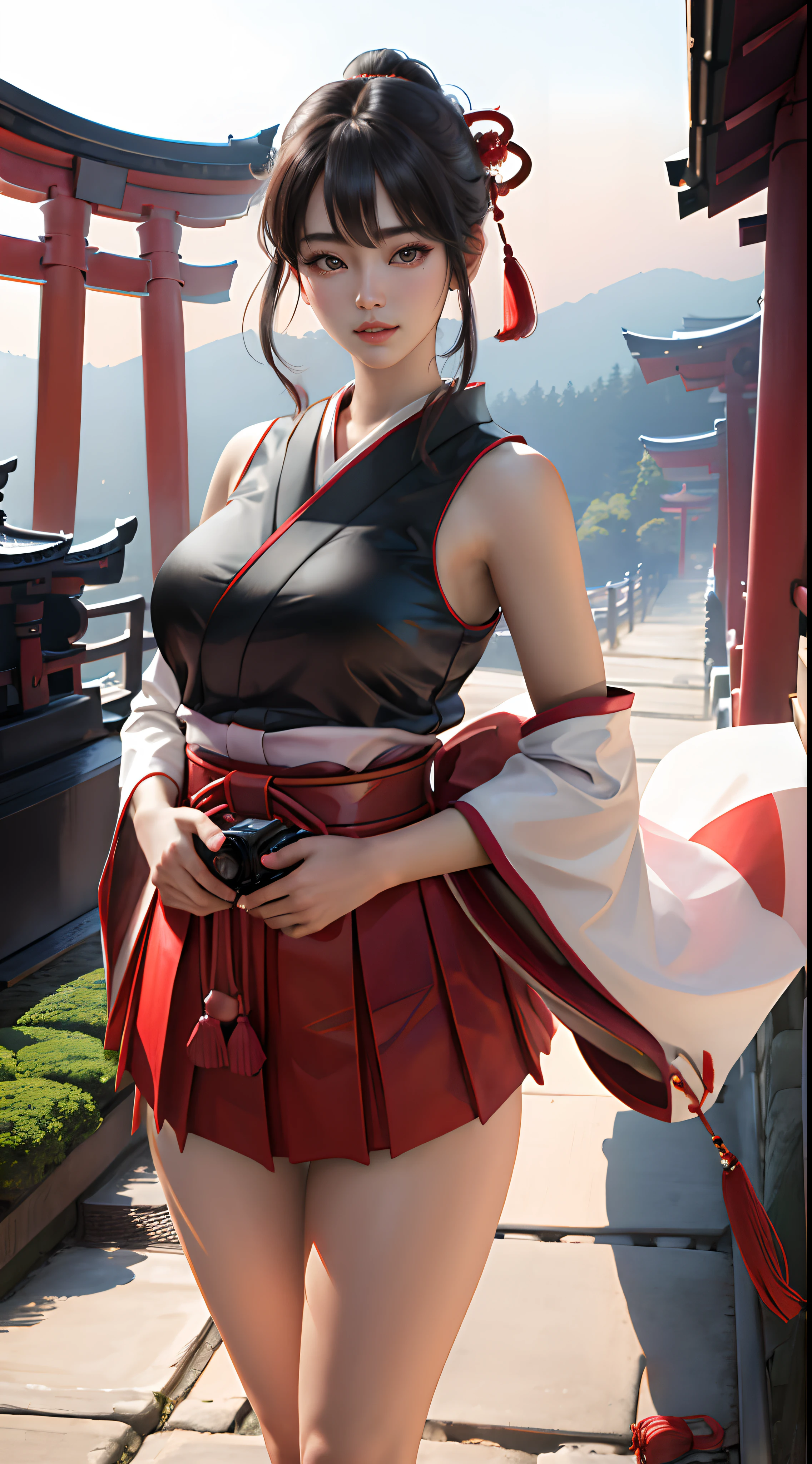 <lora:doa_momiji:0.7> momiji, miko outfit, japanese shrine, mountains, cherry blossoms, white thighhighs