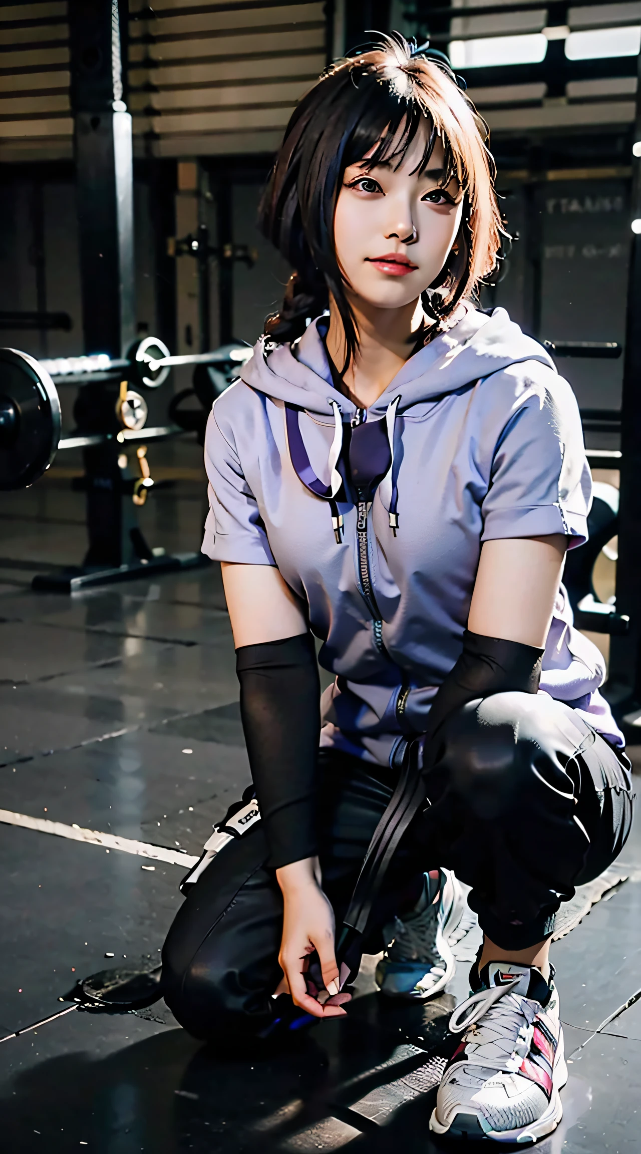 sumire kakei, single braid, purple hair, beautiful woman, beautiful, perfect body, perfect breasts, wearing a white Adidas hoodie, black joggers, wearing light blue Nike Jordan shoes, in the gym, barbell, looking at the audience, small smile, realism, masterpiece , textured leather, super detailed, high detail, high quality, best quality, 1080p, 16k