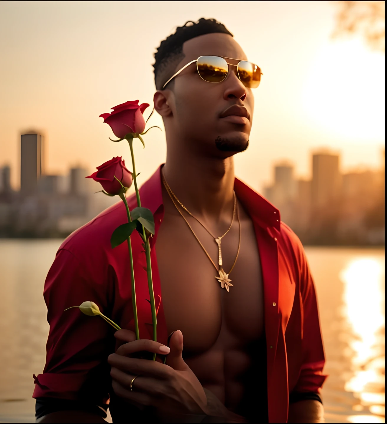 a close up of a man holding a rose near a body of water, profile pic, photo shoot, art masterpice, holding a rose, taken in the early 2020s, shot at golden hour, inspired by David Bailly, by Valentine Hugo, flowers growing out of his body, masterpice, anthony mcbain, inspired by Clifford Ellis