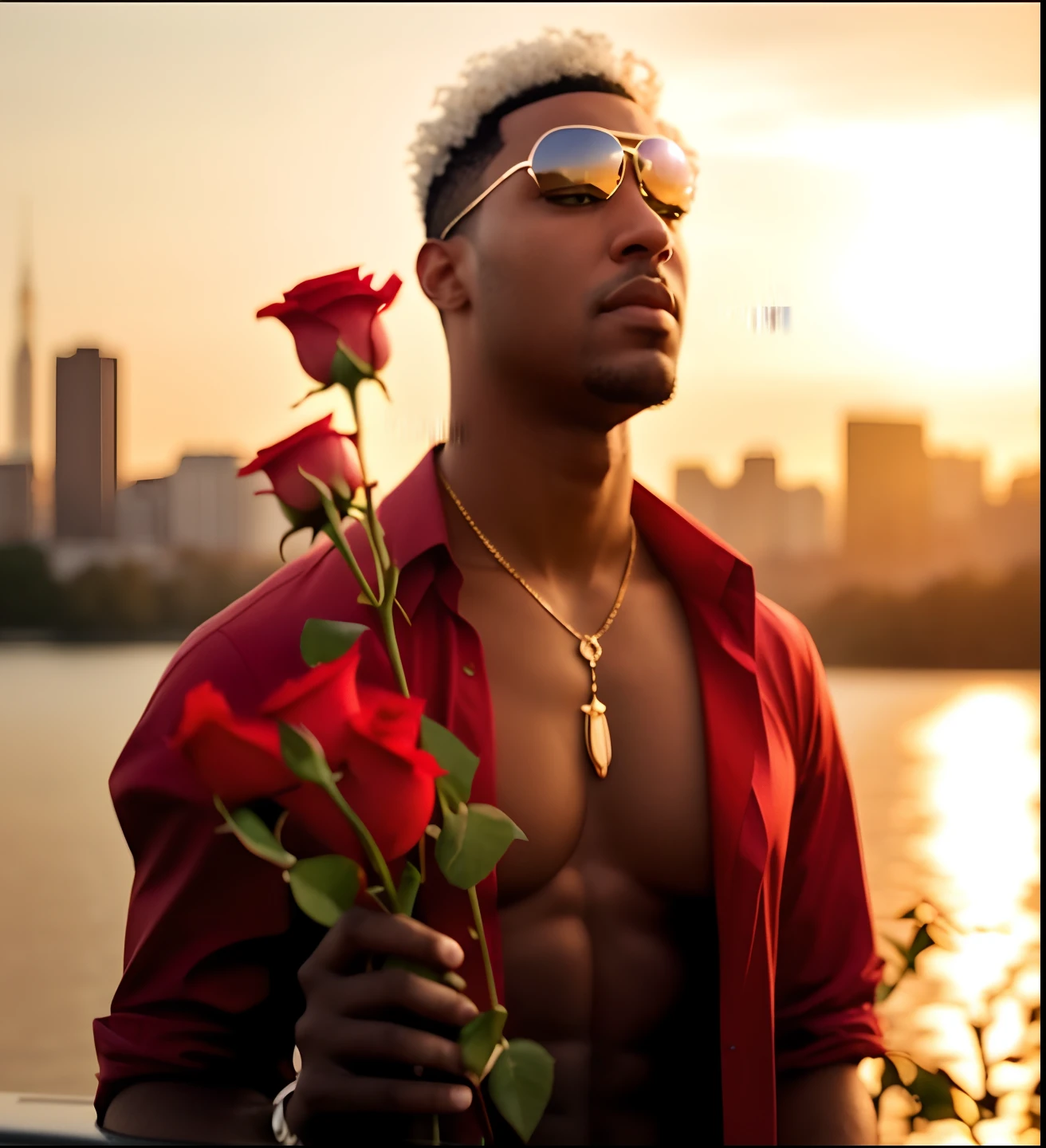 a close up of a man holding a rose near a body of water, profile pic, photo shoot, art masterpice, holding a rose, taken in the early 2020s, shot at golden hour, inspired by David Bailly, by Valentine Hugo, flowers growing out of his body, masterpice, anthony mcbain, inspired by Clifford Ellis