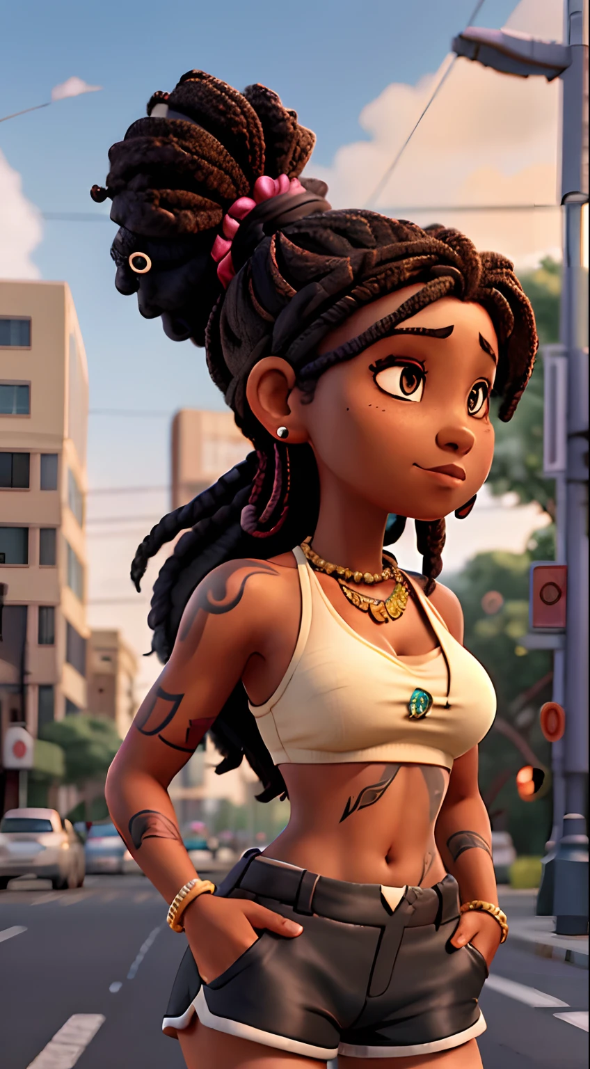 a woman with tattoos and a ponytail on a street with traffic in the background, 1girl, afro, jewelry, solo, dark skin, dark-skinned female, breasts, necklace, shorts, realistic, blurry background, bracelet, hand on hip, earrings