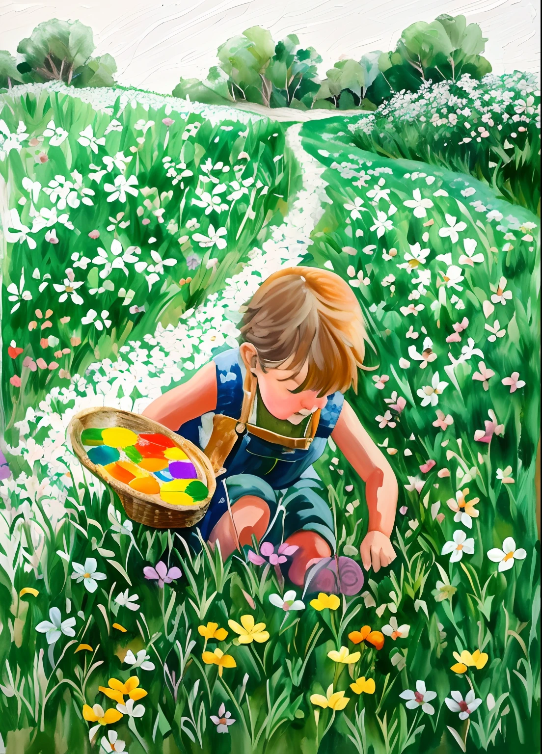 pintura de um menino com uma paleta de tinta e uma paleta, colhendo flores, pintura sobre tela, Paiting, em um campo de flores, em um prado, pintura sobre uma tela, inspirado em E.h. Shepard, em um campo com flores, pegando uma flor, Doendo, Pintura, Pintura, oil paiting, professional oil painting