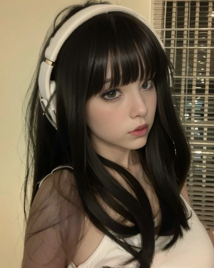 mulher com fones de ouvido e uma camisa branca posando para uma foto, cabelo preto e franja branca, Ela tem cabelo preto com franja, pale goth beauty, whitebangscabelo negro, cabelo blackbangs cabelo, linda Delphine, franja preta, 1 7 - year - old anime goth girl, cabelos escuros longos com franja, cabelo preto longo com franja