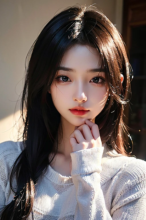 ultra high res,masterpiece,best quality,
very detailde face,detailed eyes,extremely intricate,perfect glossy shiny skins,perfect lighting,detailed lighting,dramatic shadows,ray tracing,
1girl,upper body,black sweater,looking at viewer,