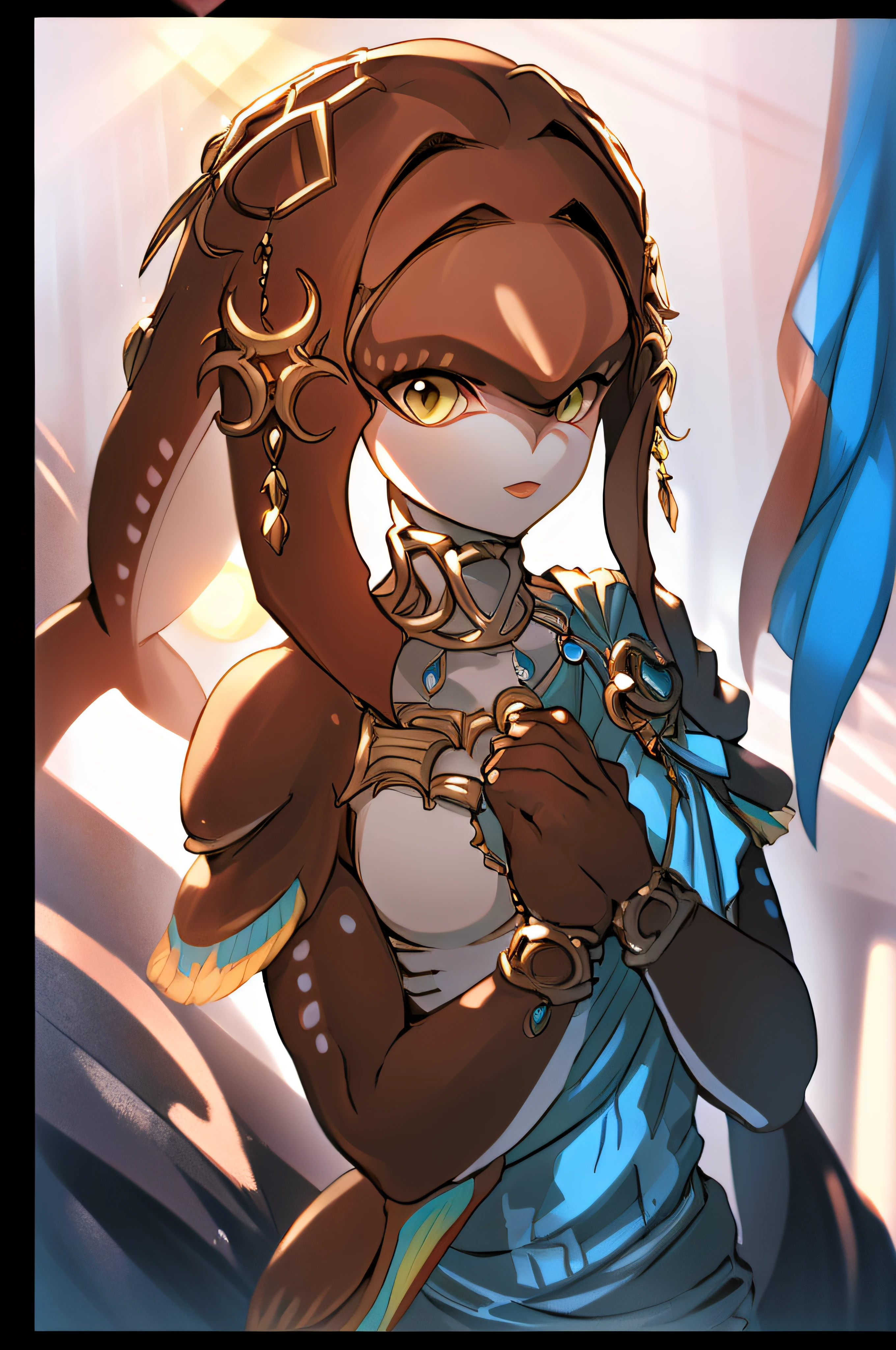 mipha \(zelda\), nsfw, realistic nipple, asymmetrical breasts, (masterpiece), in the style of Granblue Fantasy, li, flat chest,  small breasts, red skin