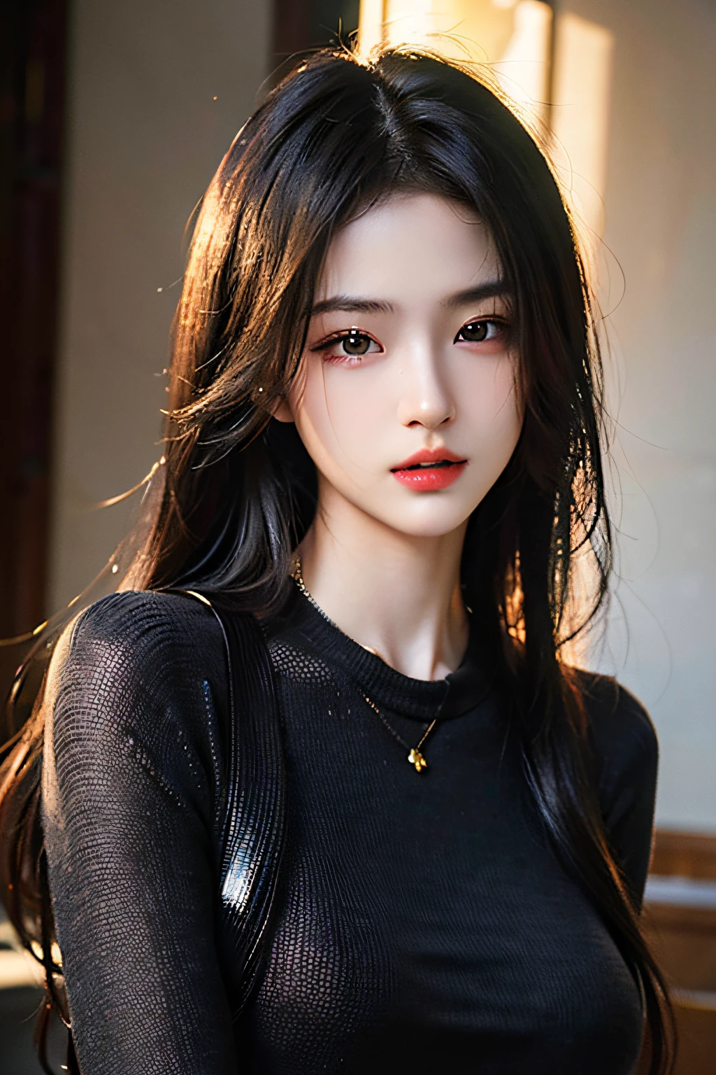 ultra high res,masterpiece,best quality,
very detailde face,detailed eyes,extremely intricate,perfect glossy shiny skins,perfect lighting,detailed lighting,dramatic shadows,ray tracing,
1girl,upper body,black sweater,looking at viewer,