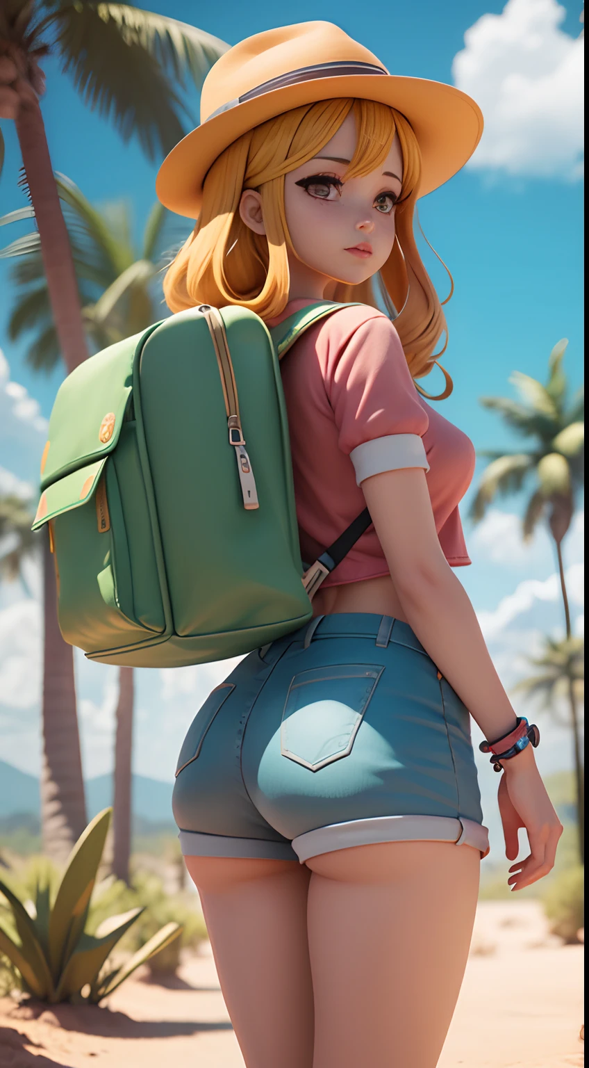 There is a poster with a cartoon character in a hat and backpack, (nsfw mulher exploradora bonito), andando no deserto, Selva das Flores, Animation-style rendering, Cute 3D rendering, personagens pequenos. Motor Unreal 5, Anime estilizado, arte digital detalhada bonito, Atey Ghailan 8 K, 3d rendering stylized, surreal adventure rendering, Estilo anime 3D, 3d rendering stylized