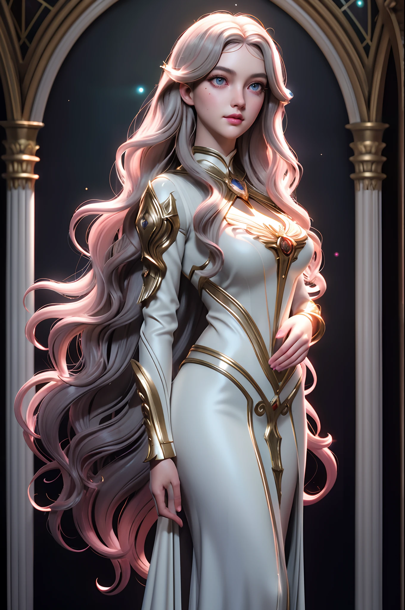 Stained glass style art of full body portrait of the beautiful goddess Brigid with long wavy fire hair, wearing a high neck dress 、Photorealsitic、highcontrast、Highly detailed background, Realistic,ultra-detailliert, super detailed skin, dark makeup blush pink lips, eyeliner, eyelashes, light grey eyes, light detailed eyes, soft smile, light glow, Film grain, Expro II, Lens Flare, Sharpen, cinematic shadow, Highly detailed background, Realistic,ultra-detailliert, super detailed skin, light glow, Film grain, Expro II, Lens Flare, Sharpen, cinematic shadow, anime face