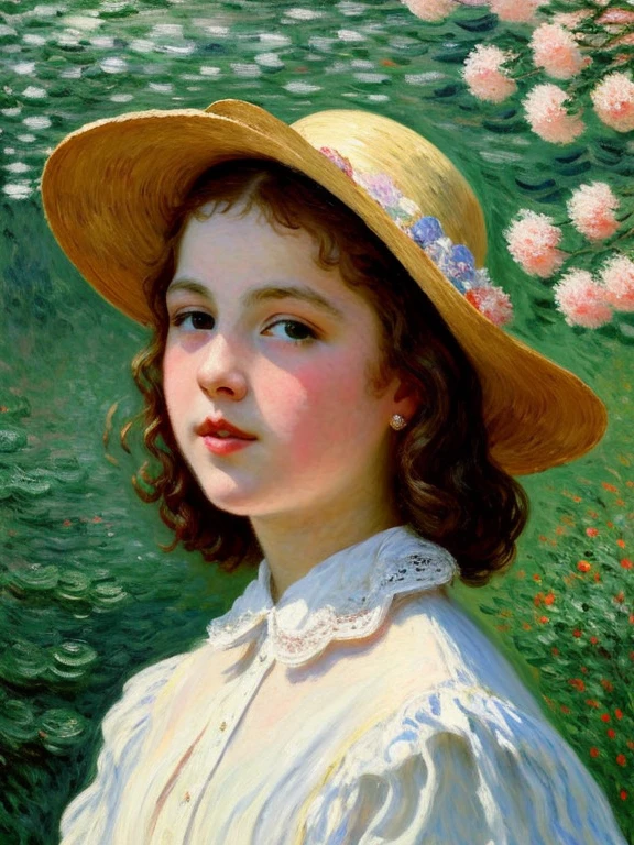 (masterpiece, best quality),1 little girl, 7 years old, curly white hair sitting in a field of green plants and flowers, her hand under her chin, warm lighting, white dress, blurry foreground