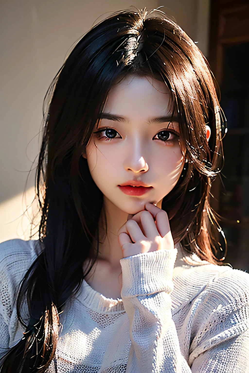 ultra high res,masterpiece,best quality,
very detailde face,detailed eyes,extremely intricate,perfect glossy shiny skins,perfect lighting,detailed lighting,dramatic shadows,ray tracing,
1girl,upper body,black sweater,looking at viewer,