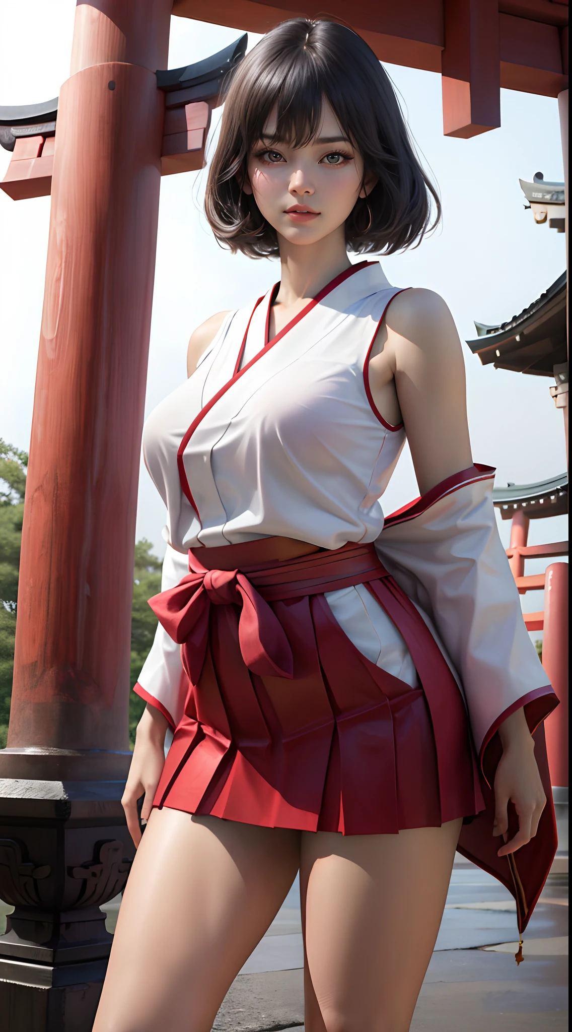 (masterpece:1.3), (photorealistic:1.3), (best quality:1.3), 8k, uhd, high resolution, 1girl, ((large breats)), best lighting, best shadow, hakama, torii, temple, japanese, red skirt, sleeveless, looking at viewer, breasts focuss, best anatomy, white shirt, short skirt, bare shoulders,