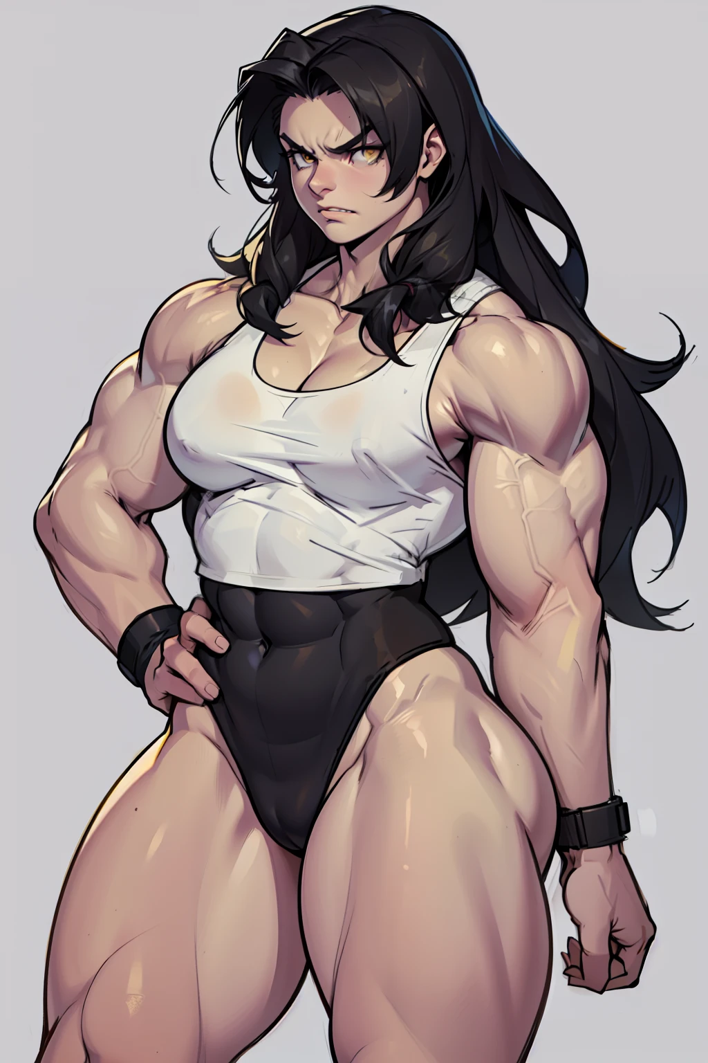 pale skin ((1 girl muscular toned body bodybuilder curvy wide hips thick thighs)) ((grey background)) black hair yellow eyes (very long hair) angry (solo) standing tank top