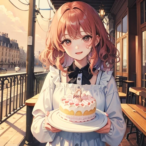 watercolor paiting、France、Paris、birthday cake、cafes、Birthday、I'm smiling happily、kawaii、optic、Glaring、wavy curly hair、