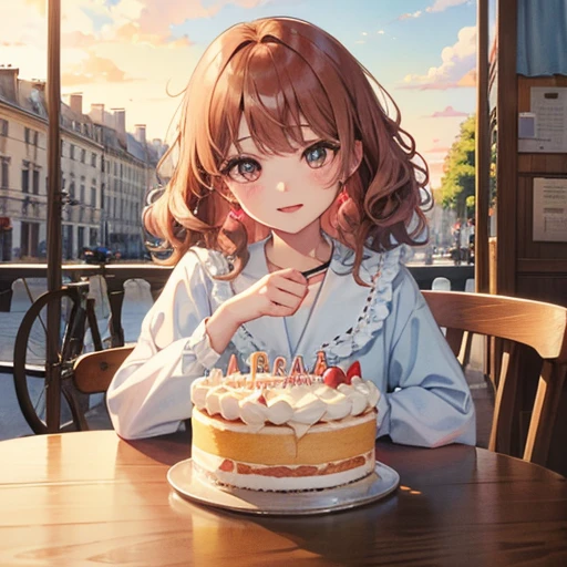 watercolor paiting、France、Paris、birthday cake、cafes、Birthday、I'm smiling happily、kawaii、optic、Glaring、wavy curly hair、